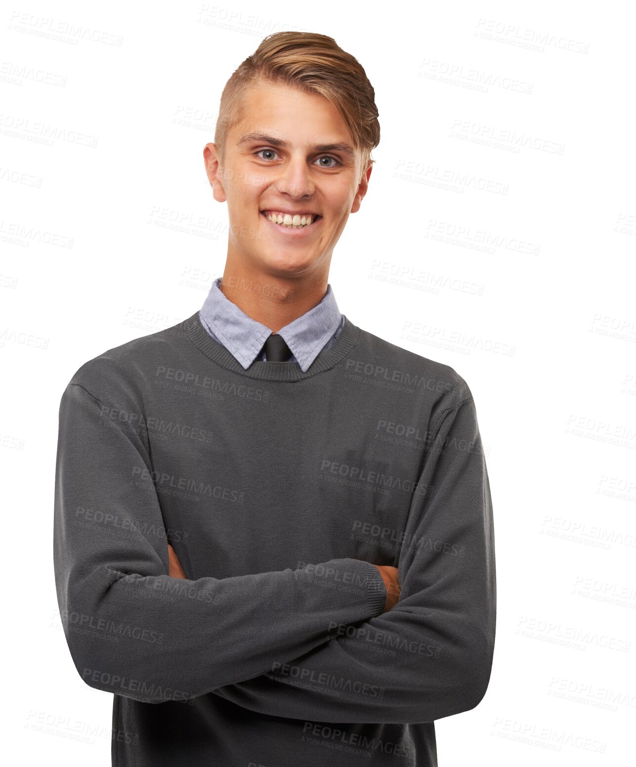 Buy stock photo Man, business intern and arms crossed in portrait, young professional and corporate fashion isolated on transparent png background. Confidence, internship and work clothes, male person and gen z