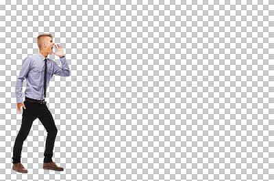 Buy stock photo Profile, announcement and shouting with a business man isolated on a transparent background for an alert. Information, screaming or yelling with a young male employee on PNG for communication or news