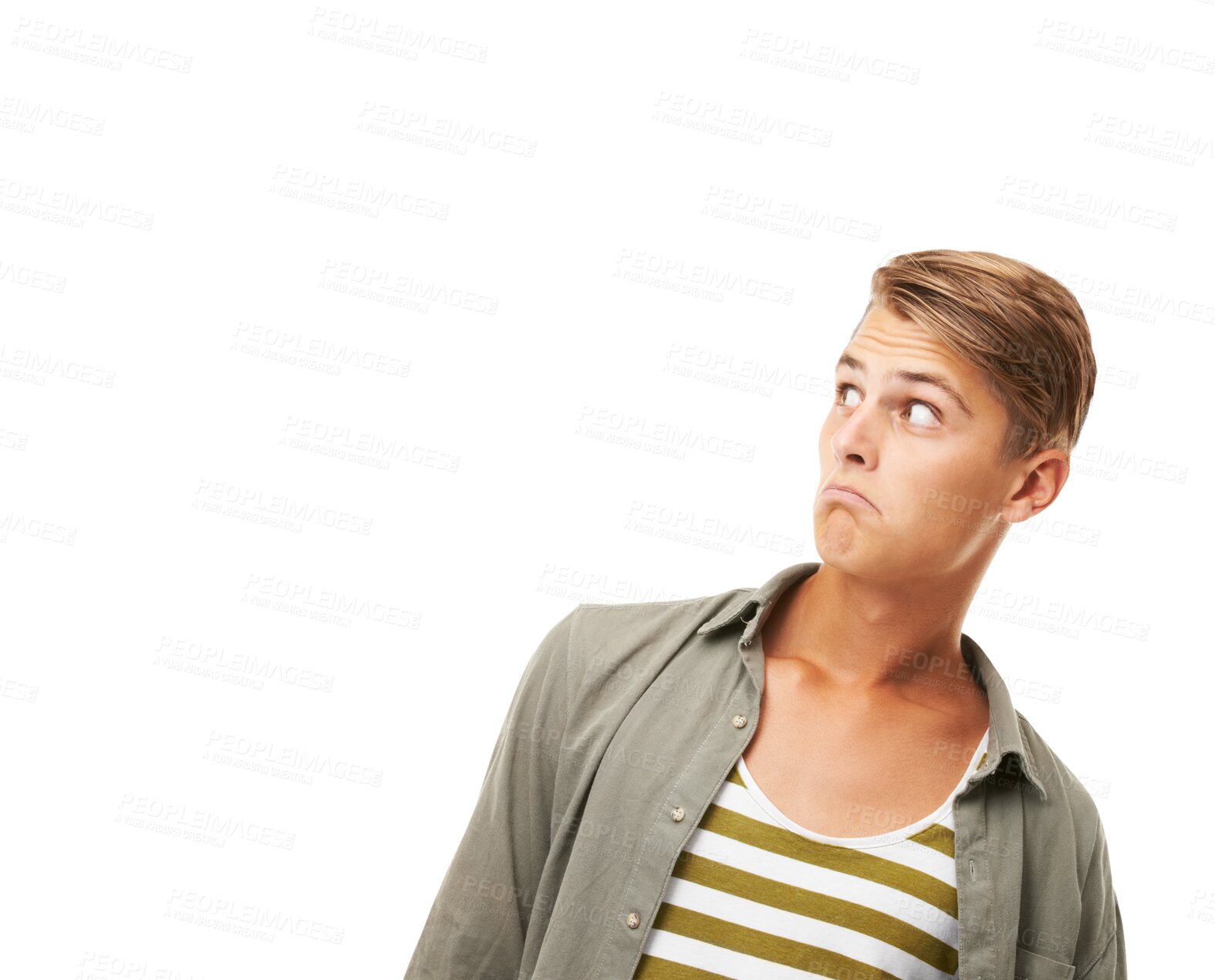 Buy stock photo Fashion, surprise or doubt with a hipster man isolated on a transparent background looking nervous. Style, worry and a confused young male person looking shocked or scared by information on PNG