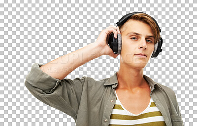 Buy stock photo Face, music headphones and serious man isolated on a transparent png background. Portrait, radio and person listening to audio, podcast and streaming sound of jazz, media or hearing hip hop with tech