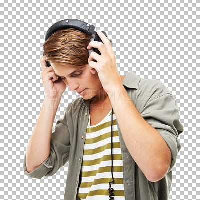 Buy stock photo Sad, listening and man with headphones, audio and guy isolated against a transparent background. Male person, podcast and model with headset, streaming music and sound with png, depression and radio