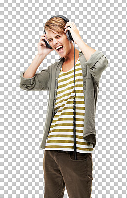 Buy stock photo Man, excited and singing to headphones with happiness in png or isolated and transparent background. Music, tech and guy with listening to song on radio with streaming for entertainment with audio.