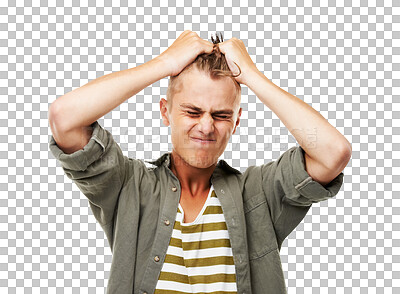 Buy stock photo Stress, frustration and a man pulling his hair isolated on a transparent background while feeling annoyed. Anxiety, mental health and mistake with an angry young male person on PNG during a breakdown