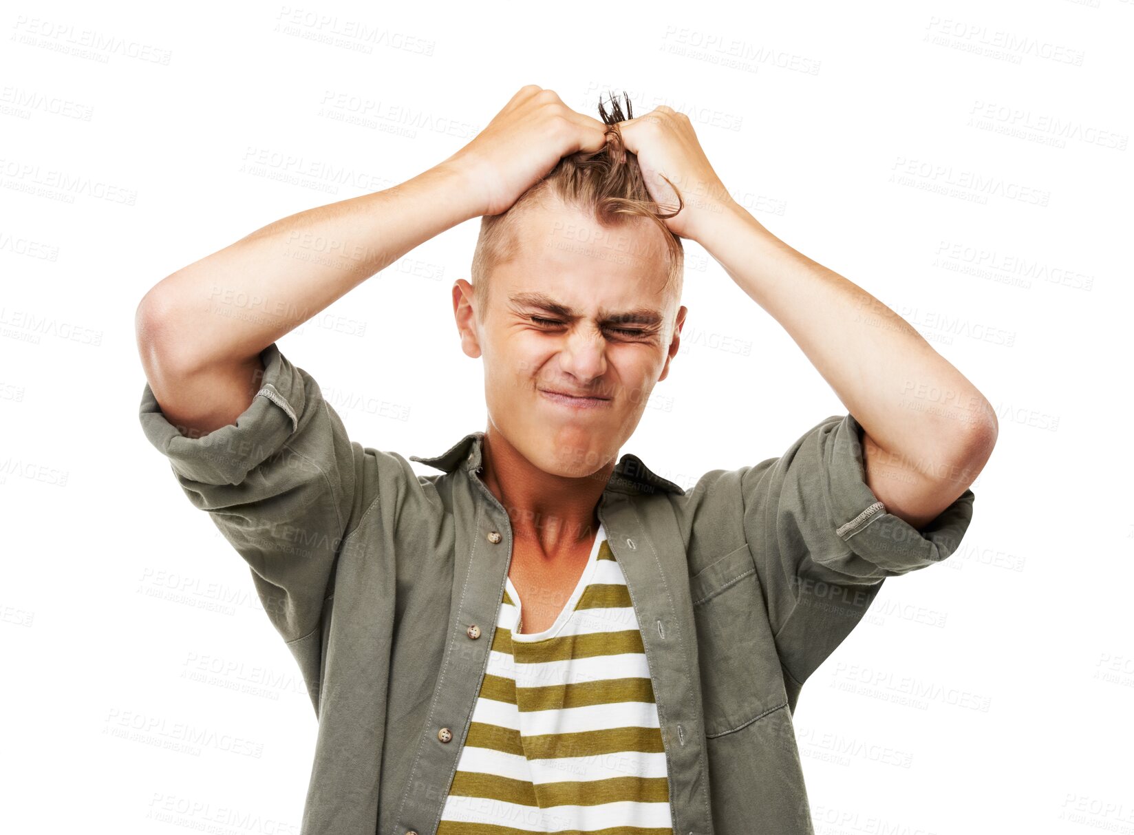 Buy stock photo Stress, frustration and a man pulling his hair isolated on a transparent background while feeling annoyed. Anxiety, mental health and mistake with an angry young male person on PNG during a breakdown