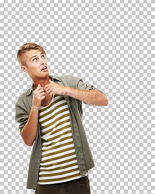 Buy stock photo Young man, student with wow, horror or scared for news, information and isolated on transparent png background. Looking up, check and fear of casual person for bad results, shocked and risk or danger