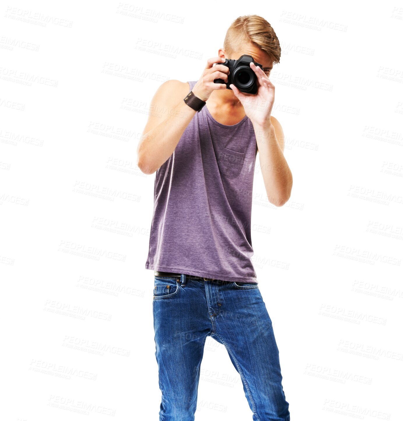 Buy stock photo Isolated photographer man, retro camera and shooting for art, media and job by transparent png background. Content creator, photography student and vintage tech for creativity, magazine or newspaper