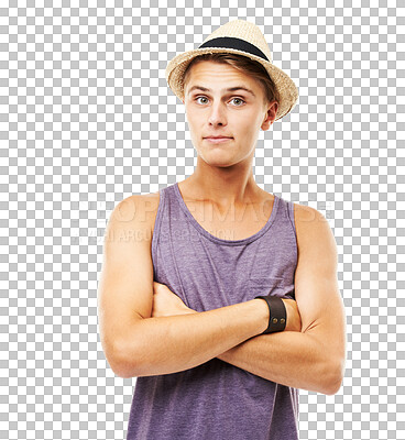 Buy stock photo Portrait, fashion and summer with a man arms crossed isolated on a transparent background for travel or vacation. Relax, clothes and style with a handsome young male tourist on PNG for a holiday