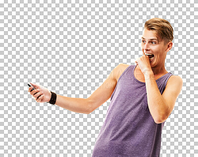 Buy stock photo Man, phone and scared reaction to chat, text message and communication with drama isolated on png transparent background. Male person, cellphone and technology, facial expression and fear with alarm