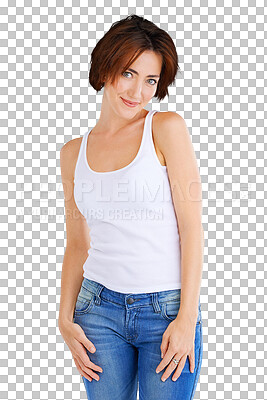 Buy stock photo Fashion, smile and portrait of natural woman with style, trendy and cool clothes isolated in a transparent or png background. Confident, girl and young female person in casual or elegant jeans outfit