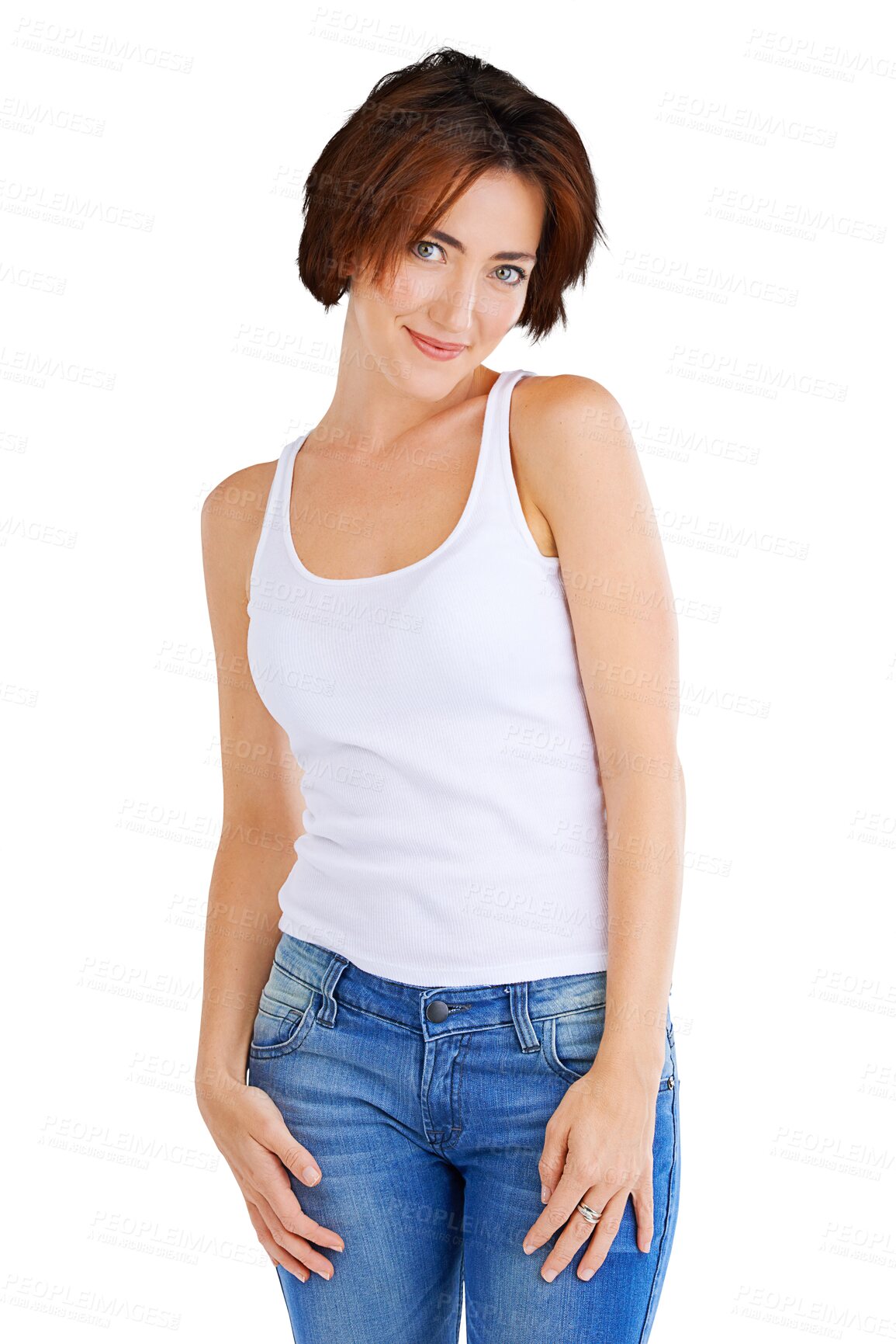 Buy stock photo Fashion, smile and portrait of natural woman with style, trendy and cool clothes isolated in a transparent or png background. Confident, girl and young female person in casual or elegant jeans outfit