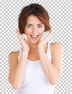 Buy stock photo Portrait, smile and fashion with a surprised woman isolated on a transparent background for style. Wow, happy and shock with a trendy young female person on PNG hearing good news or an announcement