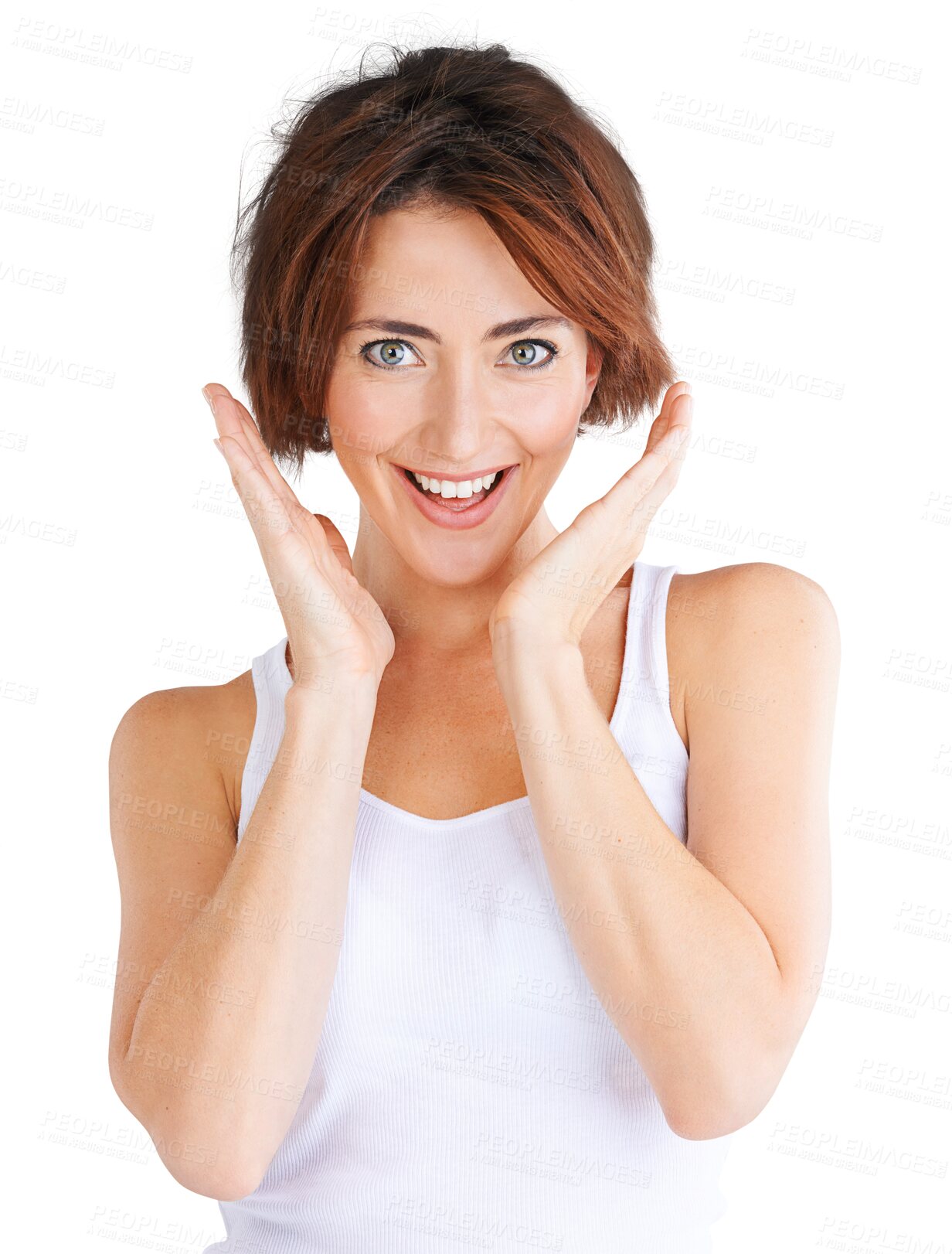 Buy stock photo Portrait, smile and fashion with a surprised woman isolated on a transparent background for style. Wow, happy and shock with a trendy young female person on PNG hearing good news or an announcement