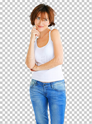 Buy stock photo Happy, thinking and woman in jeans for fashion ideas, inspiration or decision isolated on png, transparent background. Model or person planning or choice, vision and questions in casual clothes