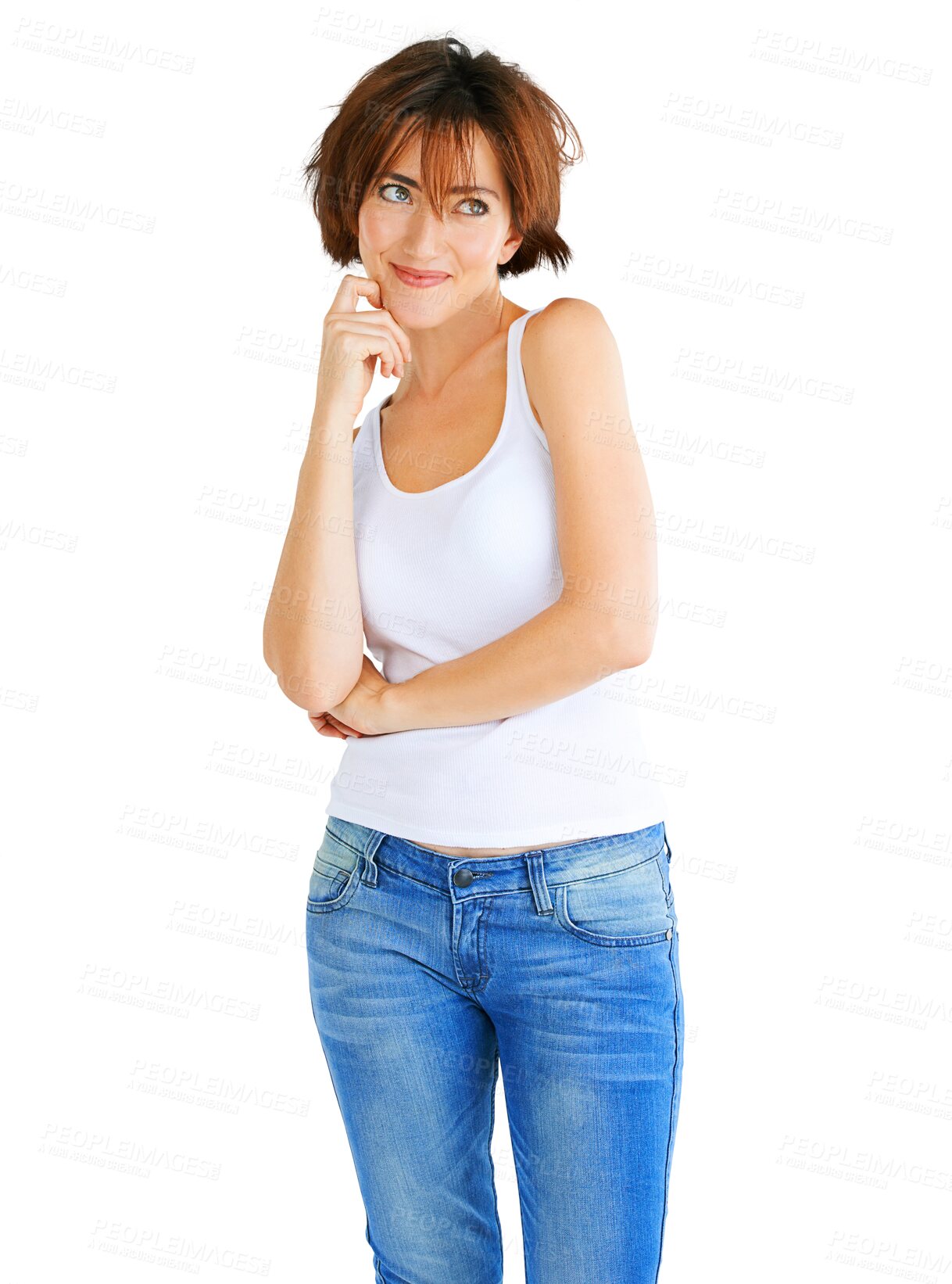 Buy stock photo Happy, thinking and woman in jeans for fashion ideas, inspiration or decision isolated on png, transparent background. Model or person planning or choice, vision and questions in casual clothes