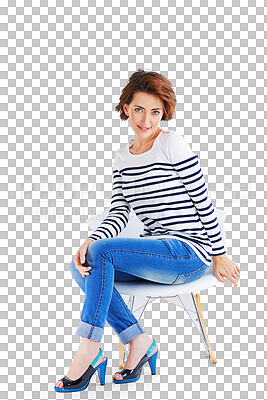 Buy stock photo Portrait, fashion and a woman sitting in a chair while isolated on a transparent background for style. Trendy, clothes and stripes with a young female model posing in a fashionable outfit on PNG