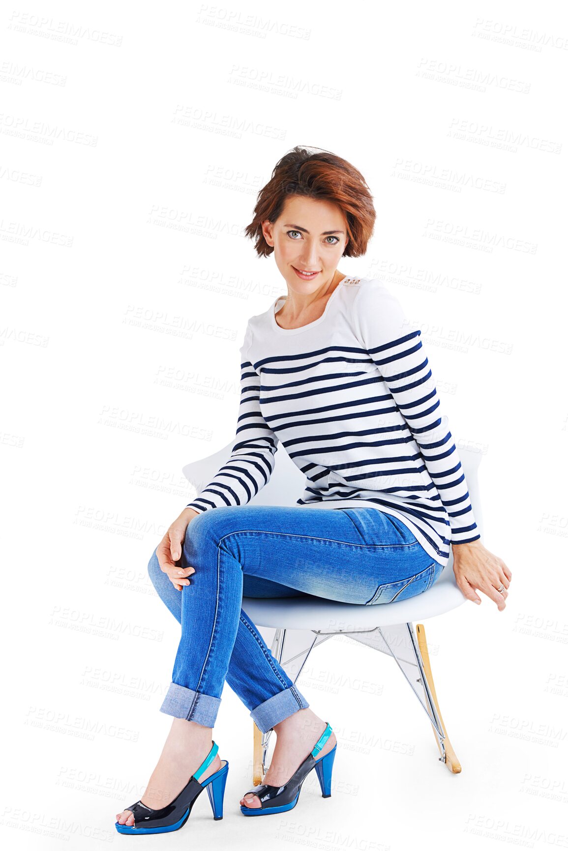 Buy stock photo Portrait, fashion and a woman sitting in a chair while isolated on a transparent background for style. Trendy, clothes and stripes with a young female model posing in a fashionable outfit on PNG