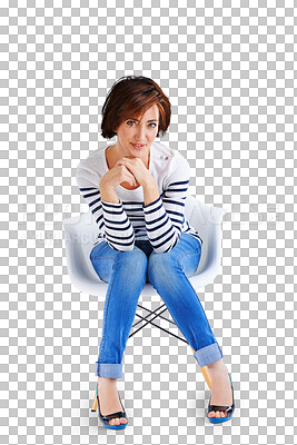 Buy stock photo Portrait, fashion and a woman sitting on a chair, isolated on a transparent background for trendy style. Clothes, jeans and denim with a young female model posing on png for a magazine cover shoot