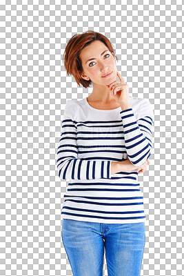 Buy stock photo Studio, portrait and woman with arms crossed with confidence and focus on isolated, transparent or png background. Serious, calm and hand on face of person in casual fashion, style and denim jeans