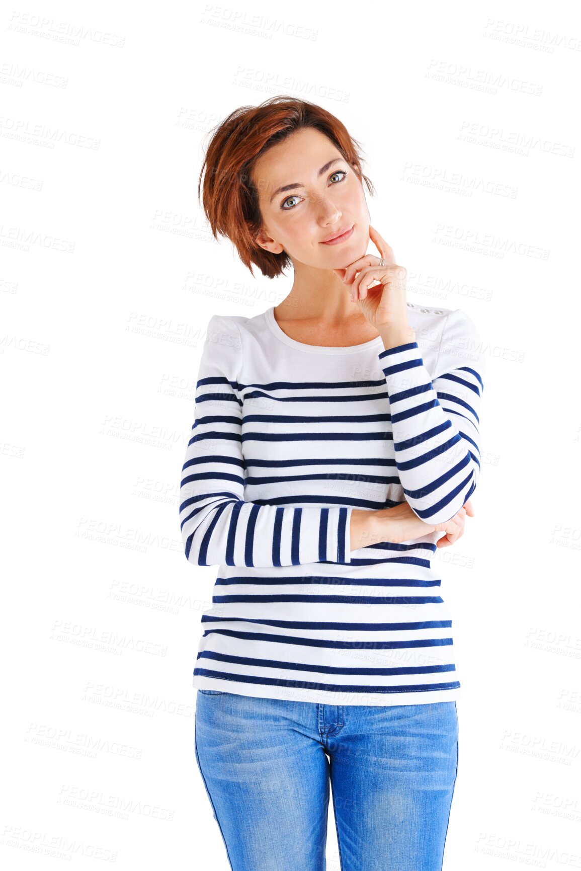 Buy stock photo Studio, portrait and woman with arms crossed with confidence and focus on isolated, transparent or png background. Serious, calm and hand on face of person in casual fashion, style and denim jeans