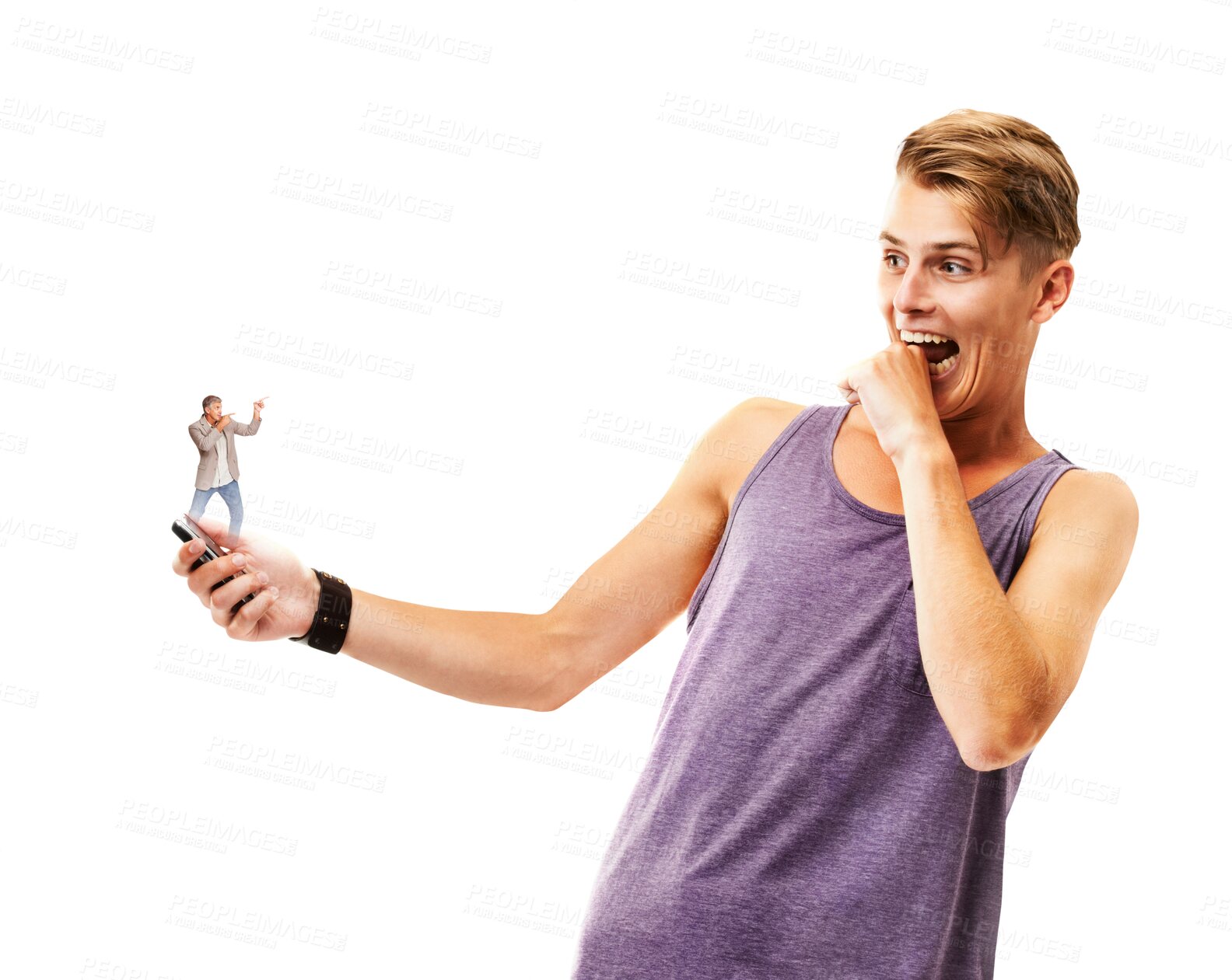 Buy stock photo Fear, phone and hologram of future man isolated on a transparent png background. Horror, scared and person with futuristic smartphone, surprise and excited for 3d mobile technology with smart app