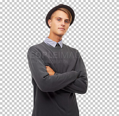 Buy stock photo Fashion, confidence and portrait of man with crossed arms on isolated, png and transparent background. Confident, style and happy male person with hat in trendy outfit, stylish and casual clothes