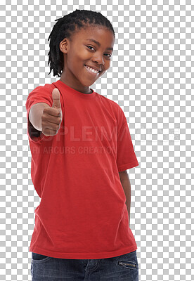 Buy stock photo Portrait, thumbs up and winner with an african boy isolated on a transparent background for motivation or support. Kids, smile or thank you with a happy child saying yes with a like emoji on PNG