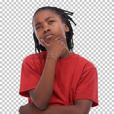 Buy stock photo Thinking, idea and boy child model with a solution, question or thoughtful face expression. Focus, young and African kid with a curious or doubtful hand gesture isolated by transparent png background