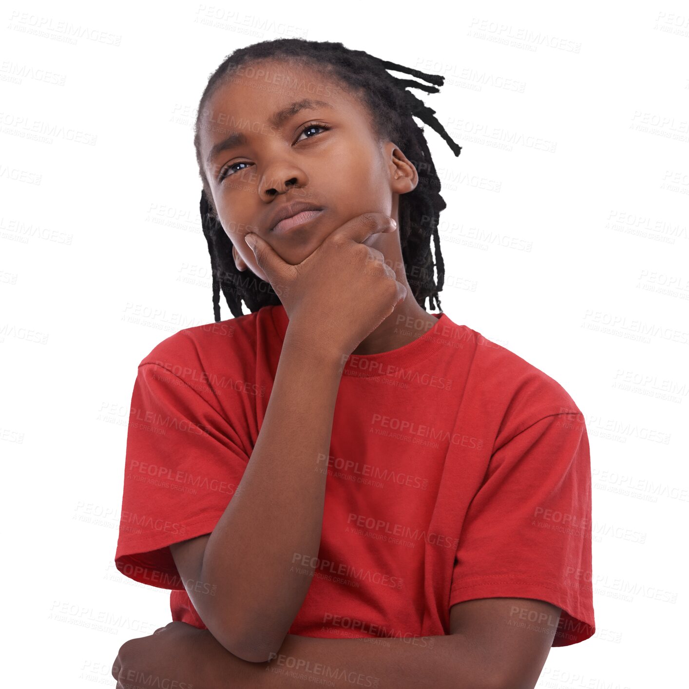 Buy stock photo Thinking, idea and boy child model with a solution, question or thoughtful face expression. Focus, young and African kid with a curious or doubtful hand gesture isolated by transparent png background