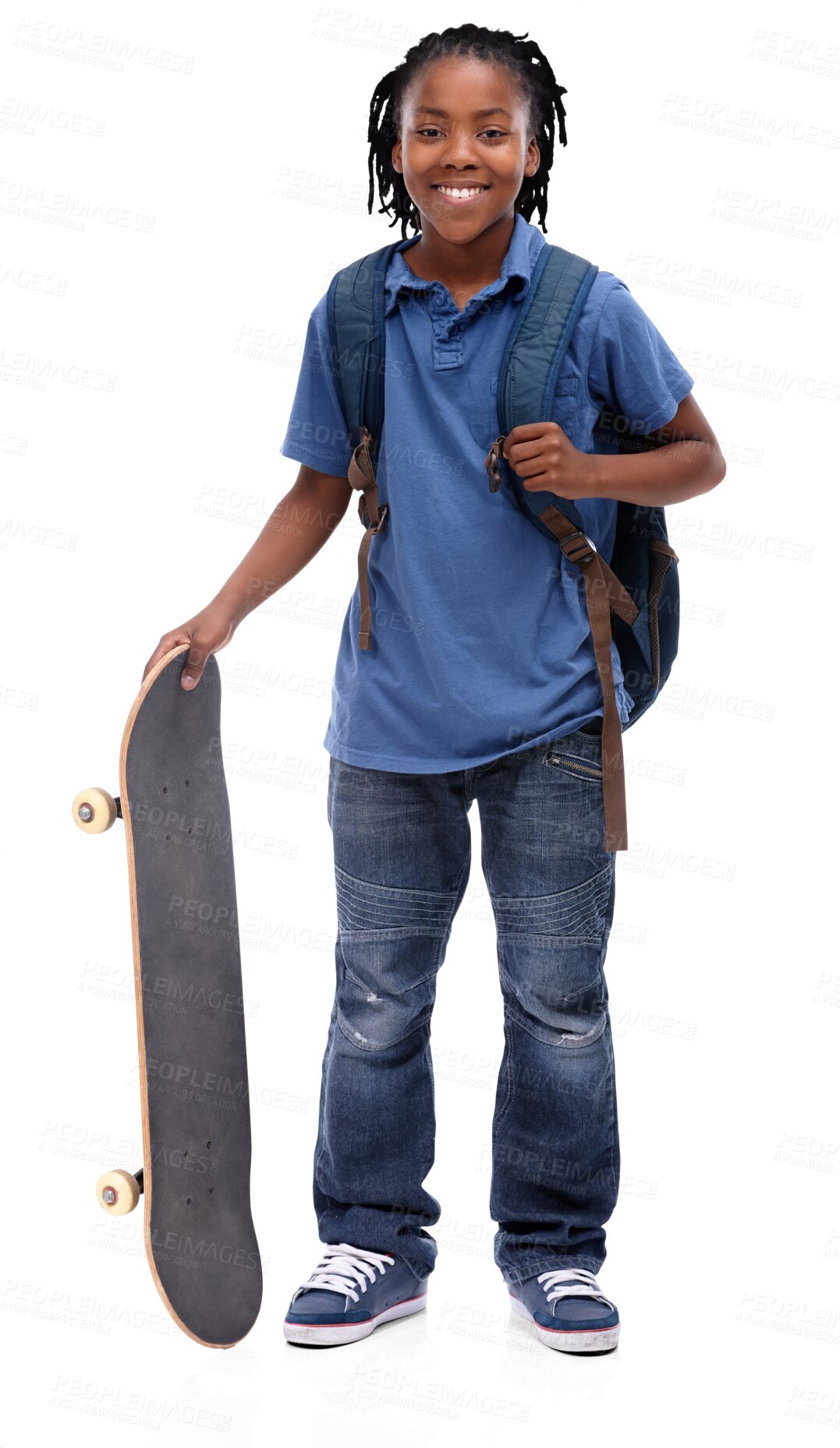 Buy stock photo Portrait, happy black kid and skateboard of student isolated on a transparent png background. African school child, skating and smile to start sports, exercise and workout for health and wellness