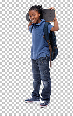 Buy stock photo Happy black kid, portrait and skateboard of student isolated on a transparent png background. African school child, skating and smile to start exercise, workout or training for sports with board