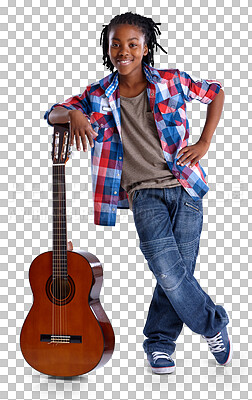 Buy stock photo Isolated boy child, guitar and portrait for music, performance and pride for rock by transparent png background. African kid, musician or artist on instrument, concert and smile for art development