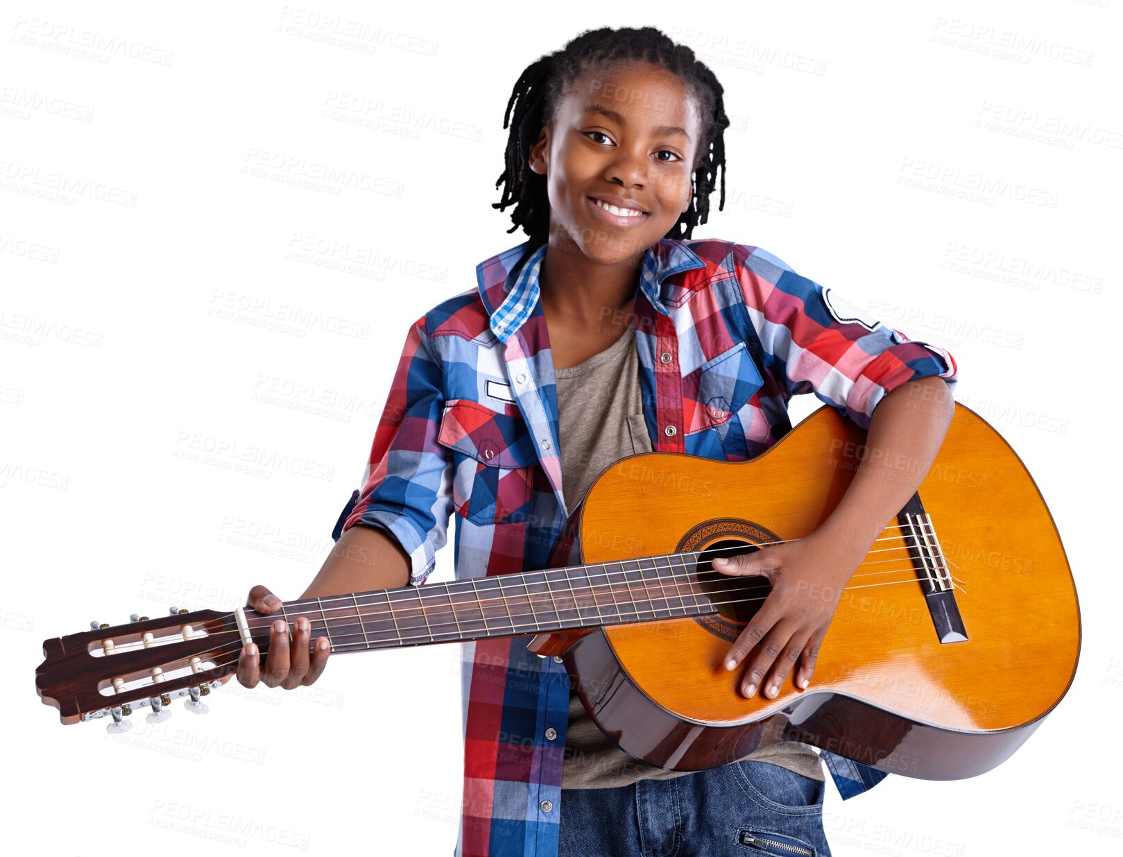 Buy stock photo Isolated boy kid, guitar and portrait for music, performance and pride for rock by transparent png background. African child, musician or student with instrument, concert or happy for art development