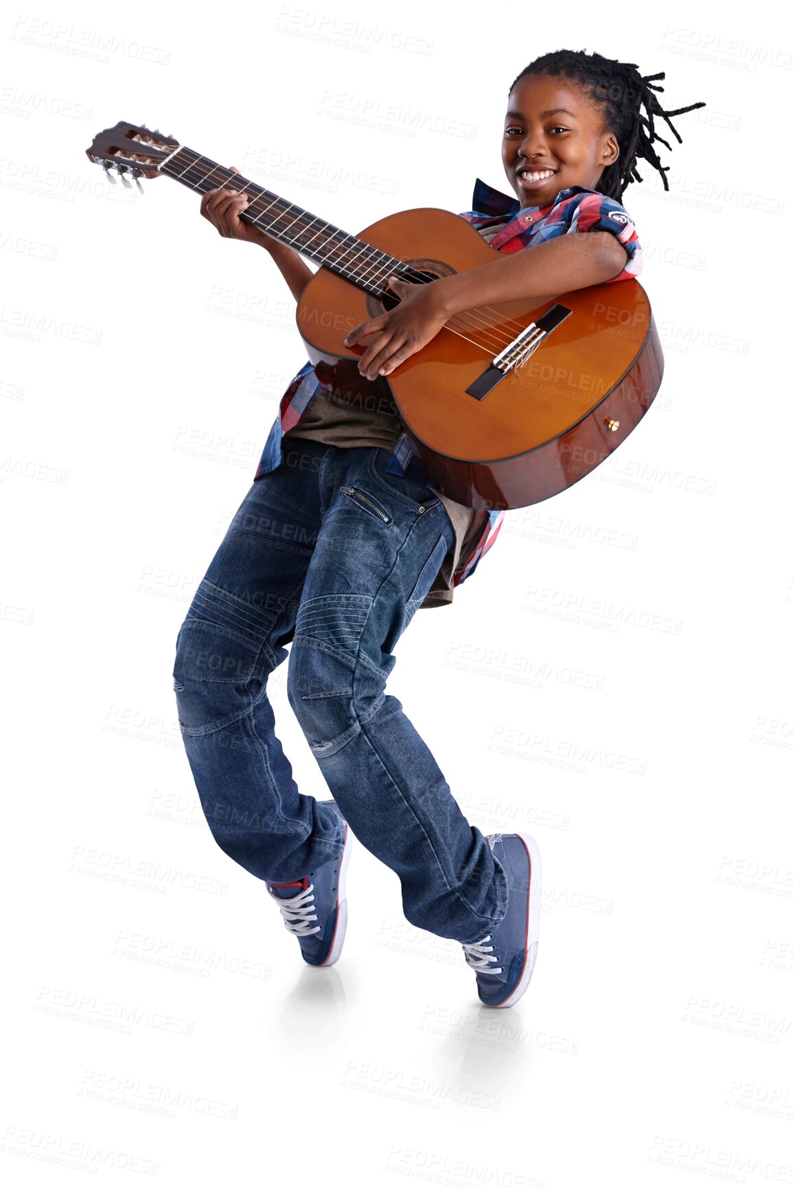 Buy stock photo Isolated boy child, jump and guitar in portrait for music, performance or rock by transparent png background. African kid, musician or artist on instrument, concert or smile in air for entertainment