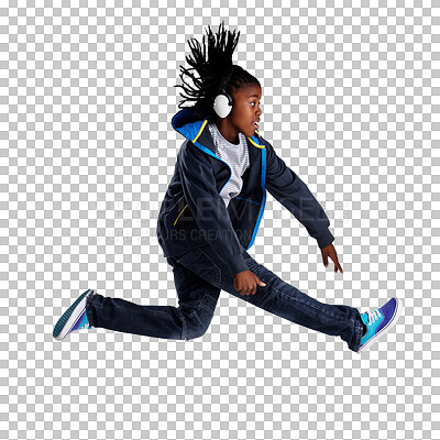 Buy stock photo Isolated boy child, jump and headphones in profile for dancing, music or freedom by transparent png background. Young African kid, audio tech and dance with streaming, moving and float with fashion