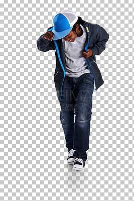 Buy stock photo Happy, fashion and child with cool style and a smile for motivation and inspiration. Hip hop, casual clothes and an African boy kid isolated on a transparent, png background with confidence and a cap