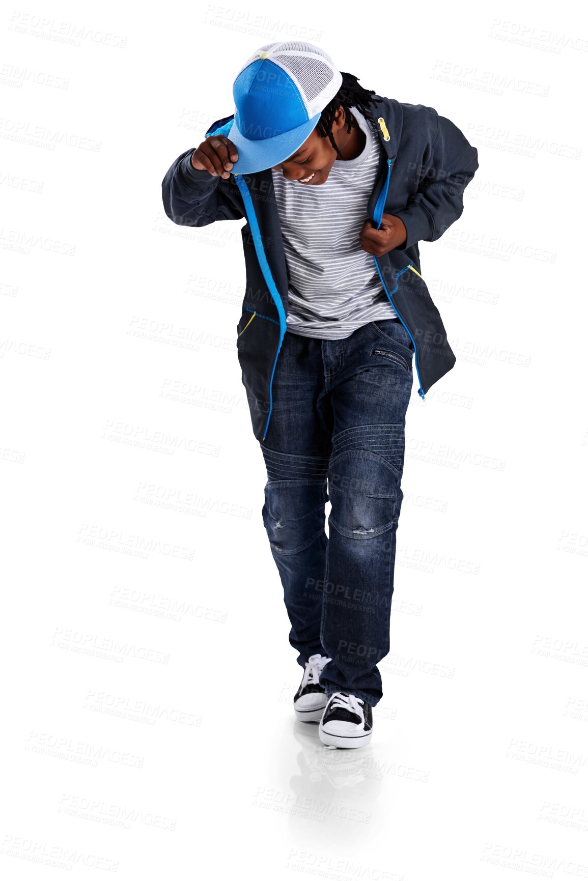 Buy stock photo Happy, fashion and child with cool style and a smile for motivation and inspiration. Hip hop, casual clothes and an African boy kid isolated on a transparent, png background with confidence and a cap