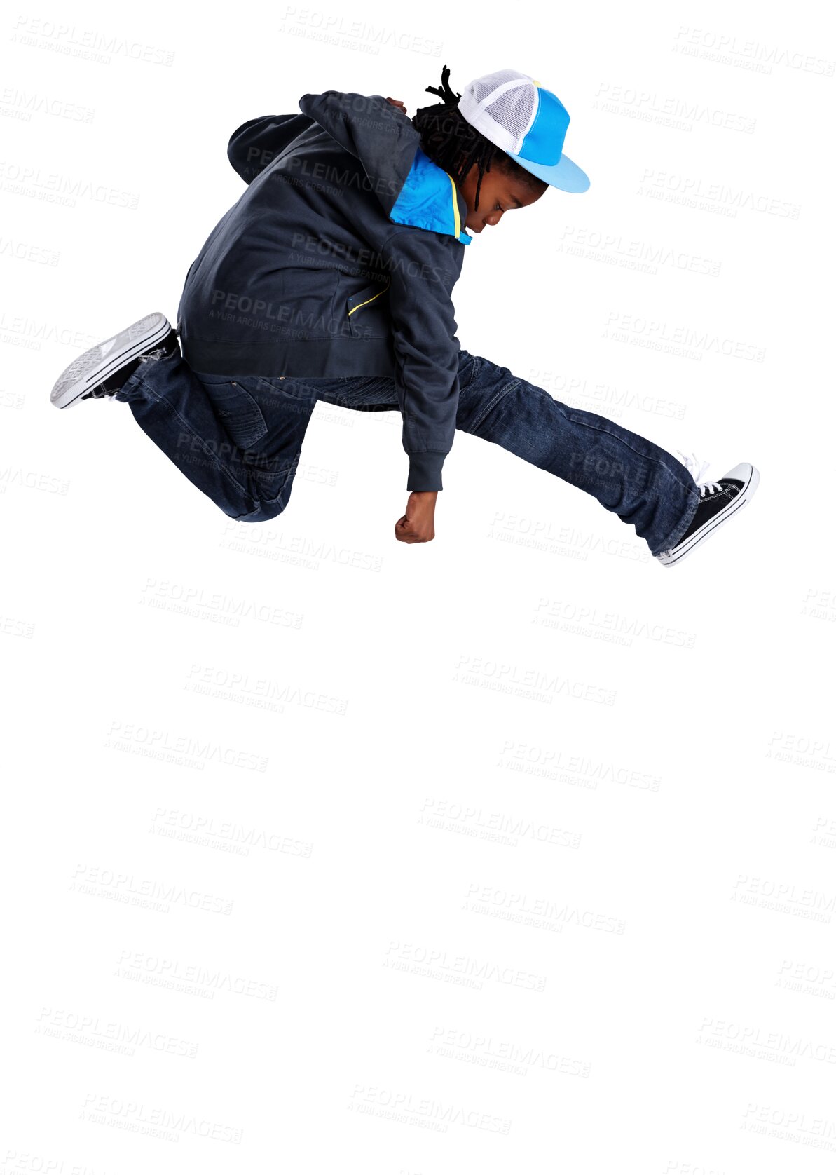 Buy stock photo Jump, dance and young child with celebration success and energy for hip hop learning and talent. Freedom, moving and kid or youth dancer in air with streetwear isolated on png, transparent background