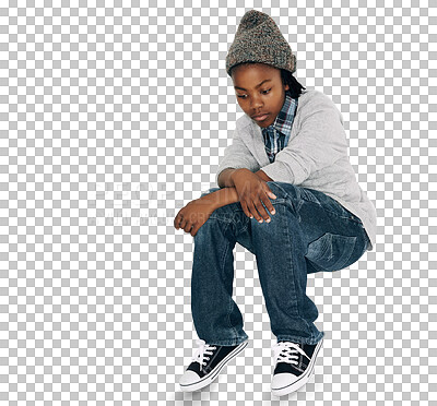 Buy stock photo Child, thinking and sad for school, education or youth bullying, mental health and fail. African kid with depression, or lonely in casual jean or clothes isolated on transparent, png background