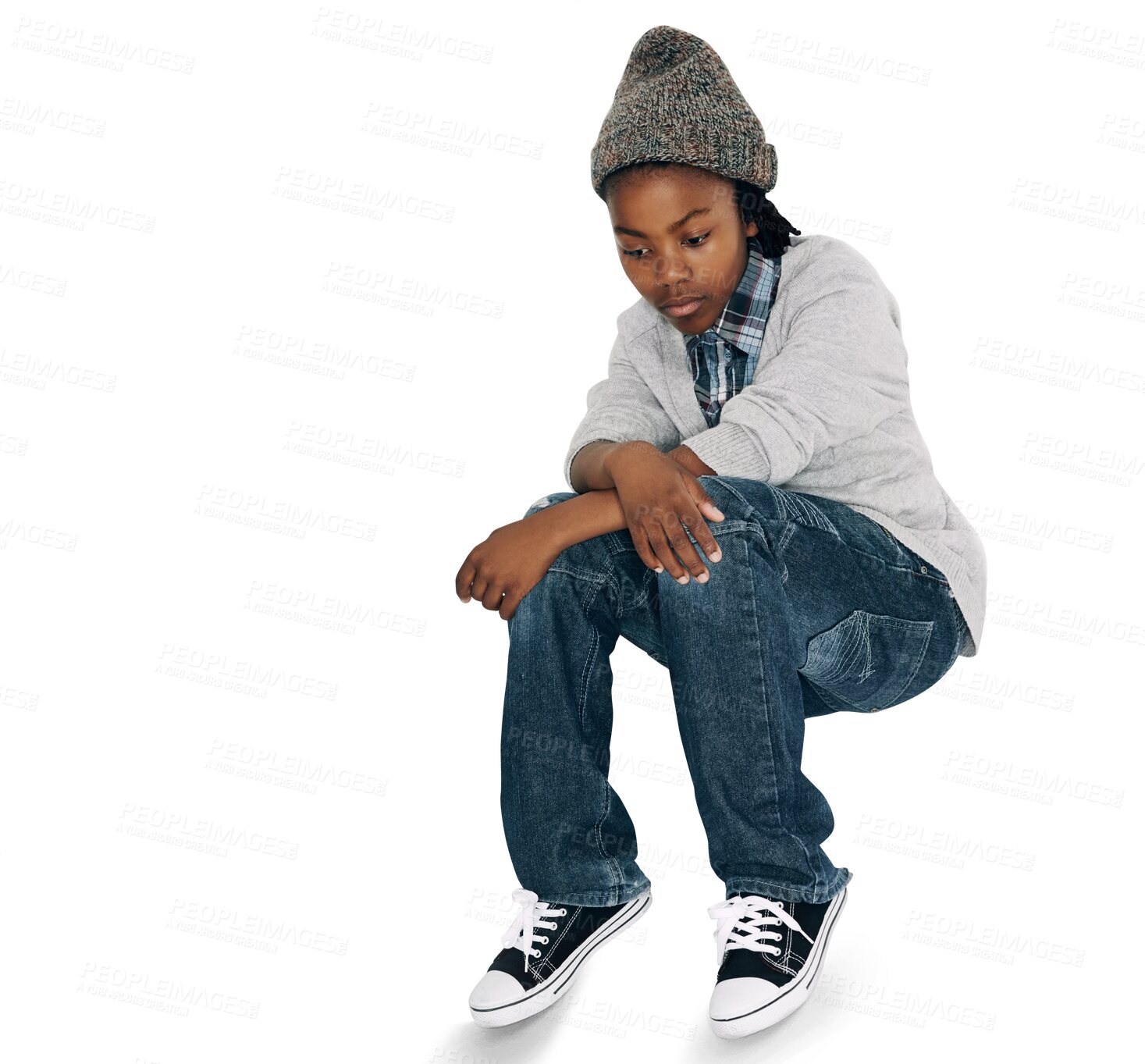 Buy stock photo Child, thinking and sad for school, education or youth bullying, mental health and fail. African kid with depression, or lonely in casual jean or clothes isolated on transparent, png background