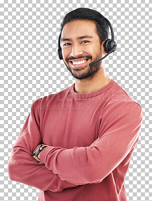 Buy stock photo Call center, arms crossed and smile with portrait of man on png for customer service, networking and advice. Technical support, contact us and agent with consultant isolated on transparent background