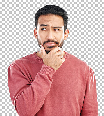 Buy stock photo Choice, thinking and confused asian man with questions on isolated, transparent and png background. Why, decision and male face with doubt, solution or brainstorming, problem solving or how to emoji