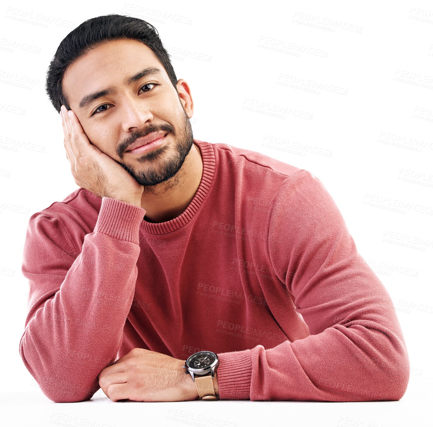 Buy stock photo Calm, relax and portrait of happy man by a table to rest and looking isolated in transparent or png background. Attractive, tired and person feeling friendly, decision and dreaming of thoughts