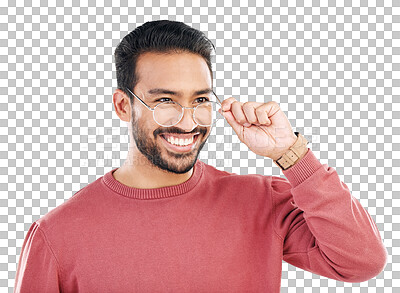 Buy stock photo Asian man, holding and glasses with smile for lens in png or isolated or transparent background. Eyewear, guy and vision with care or happiness for prescription with fashion or casual with style.