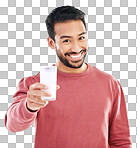 Milk, man and portrait with happiness in a studio with calcium, healthy and nutrition drink. Isolated, white background and male model with a smile feeling happy from calcium and detox smoothie