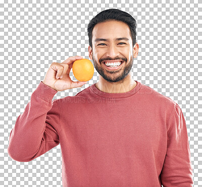 Buy stock photo Orange fruit, happy asian man and portrait of wellness, healthy food and isolated on a transparent png background. Male model, vitamin c or citrus of nutrition, organic juice and detox for diet 