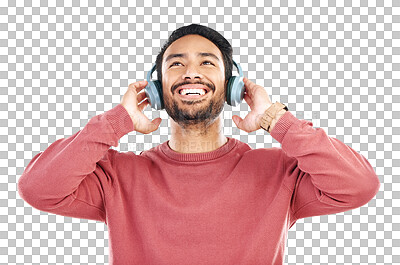 Buy stock photo Headphones, happy and man with smile for music on isolated png or transparent background. Podcast subscription, technology and male person listen to audio, streaming radio and track online to relax