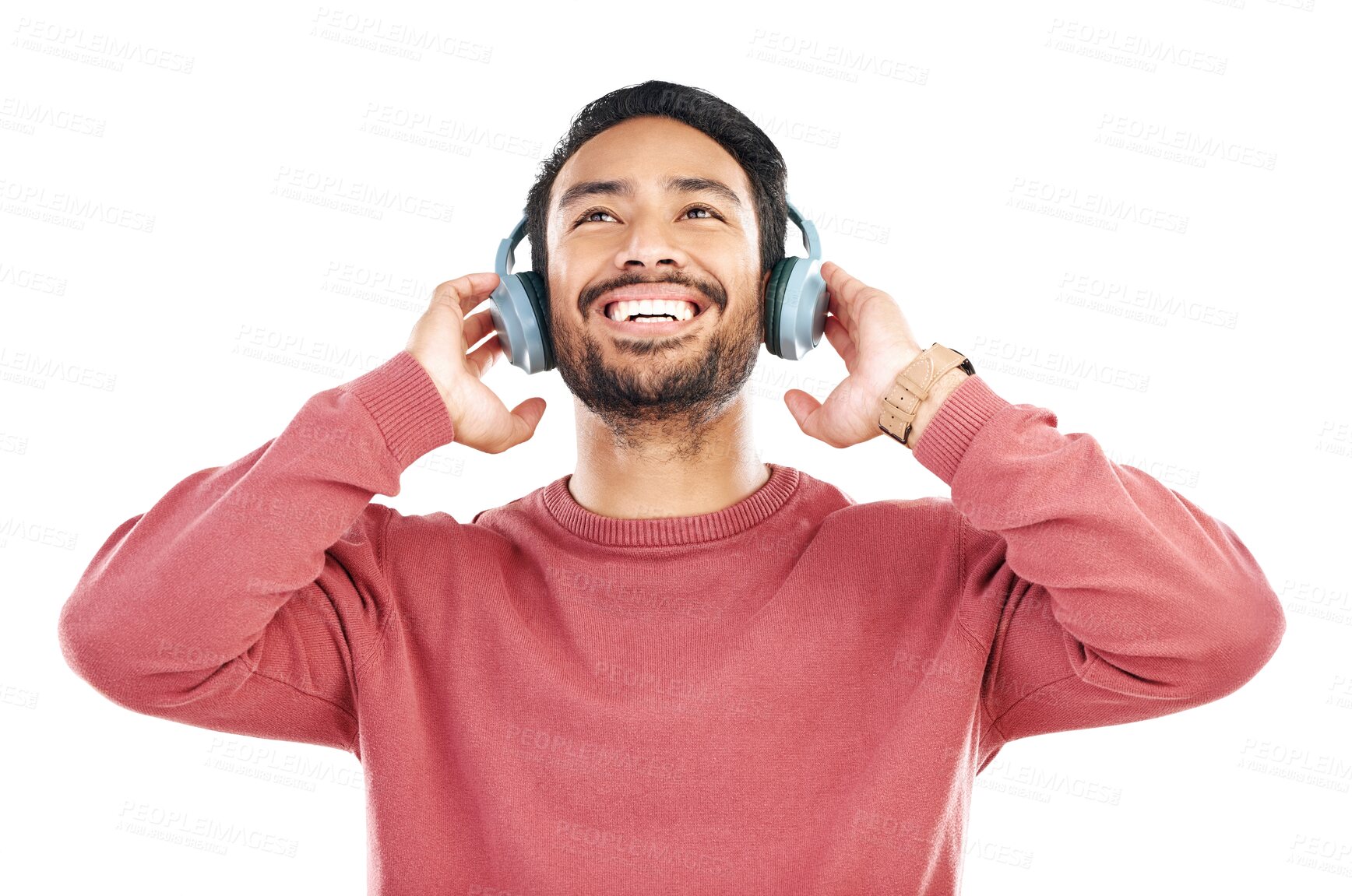 Buy stock photo Headphones, happy and man with smile for music on isolated png or transparent background. Podcast subscription, technology and male person listen to audio, streaming radio and track online to relax