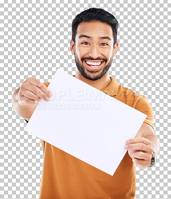 Buy stock photo Portrait, poster and asian man with advertising is happy in png or isolated and transparent background. Billboard, guy and logo or promotion sign with smile for banner with news or brand for sale. 