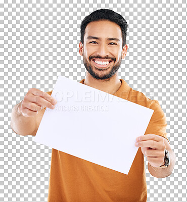 Buy stock photo Billboard, happy and advertising with asian man in portrait in png or isolated and transparent background. Poster, smile and guy with promotion sign for brand with sale or news on board and paper.