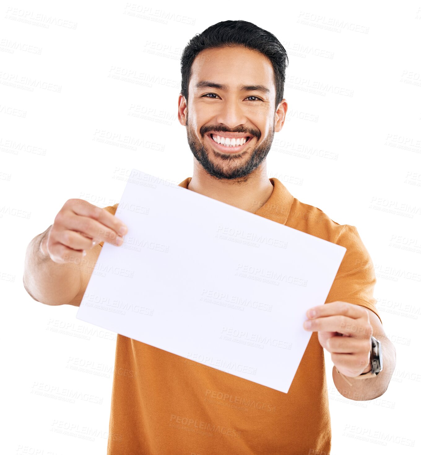 Buy stock photo Billboard, happy and advertising with asian man in portrait in png or isolated and transparent background. Poster, smile and guy with promotion sign for brand with sale or news on board and paper.